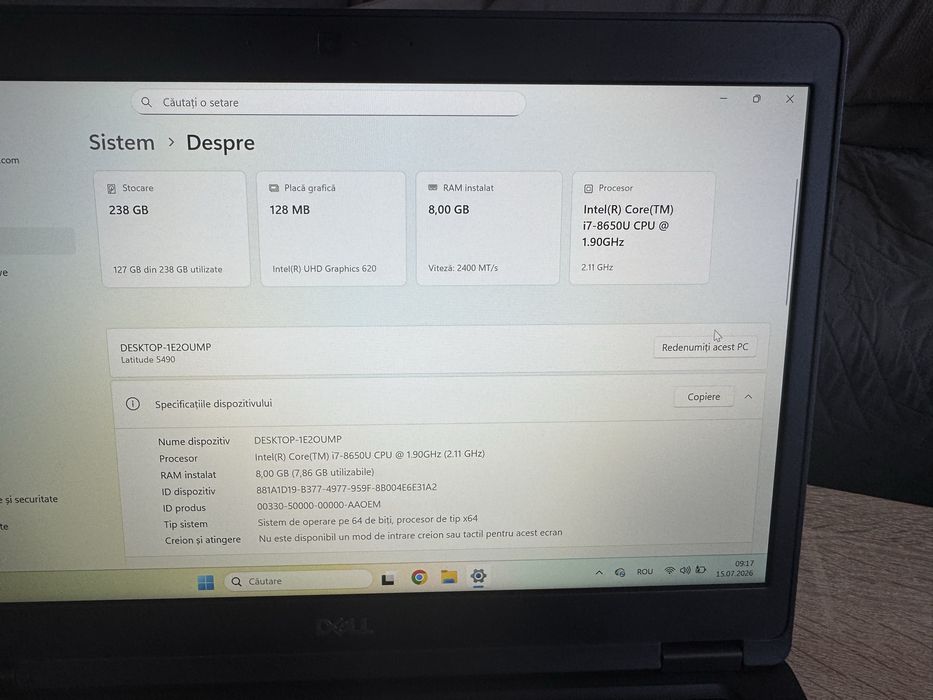 Dell Latitude 5490, Intel i7-8650U, 8 GB RAM, SSD 256 GB