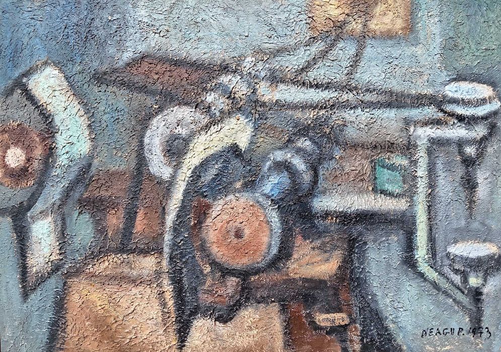 Tablou vechi - masinaria timpului - semnat si datat Neagu P. 1973