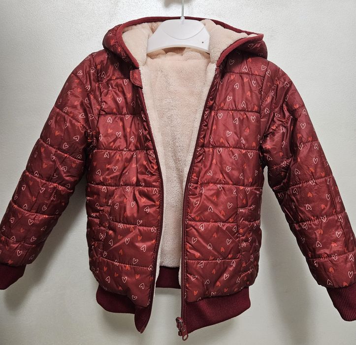 Geacă copii 4–5 ani, față dublă + captușeală pufoasă, bordo