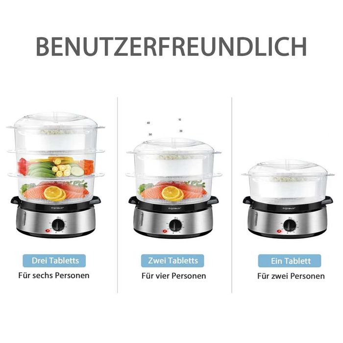 Aigostar steamer cu timer, 9L, 3 nivele, 800W, inox, argintiu-negru