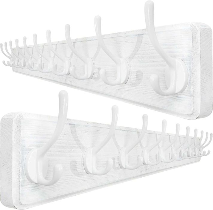 Cuier perete alb rustic din lemn masiv WEBI, 98 cm, 10 carlige, set 2 bucati