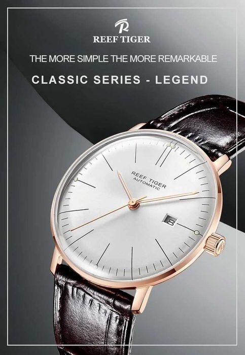 Reef Tiger Automatic Dress Watch Ultrathin Mechanical Convex Lens 42mm