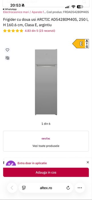 VÂND URGENRT! Frigider cu doua usi ARCTIC AD54280M40S, 250 l, H 160.6 cm, Clasa E, argintiu