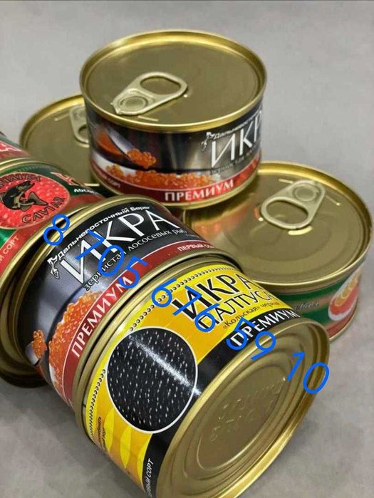Красная икра, чёрная икра, щучья икра, икра палтуса, печень трески...