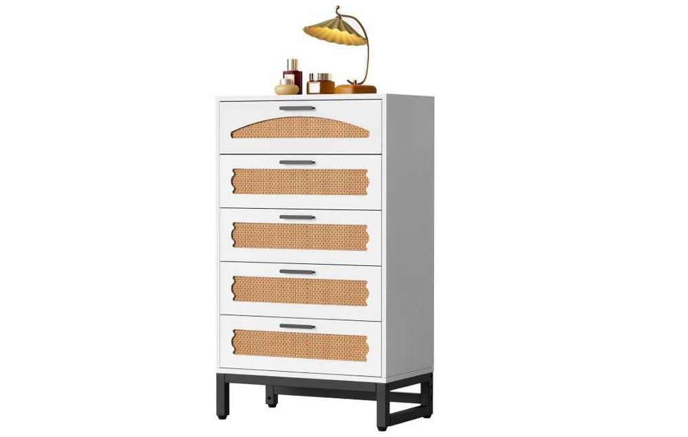 Comoda ratan 5 sertare alba – dulap depozitare modern dormitor/living - LIVRARE GRATUITA !