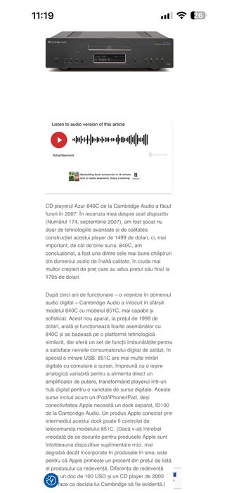 Cambridge Audio AZUR 851C Upsampling 24-bit/384kHz DAC / CD / Digital Pre-Amplificator High-End Preț de MAGAZIN 2000$ 10Kg