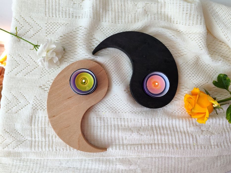 Suport din lemn pentru lumânări, Yin-Yang