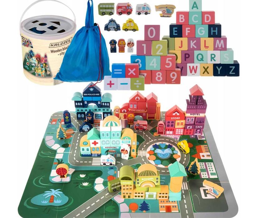 Образователни Дървени кубчета, Кофа, Капак за сортиране, Пъзели, Чанта