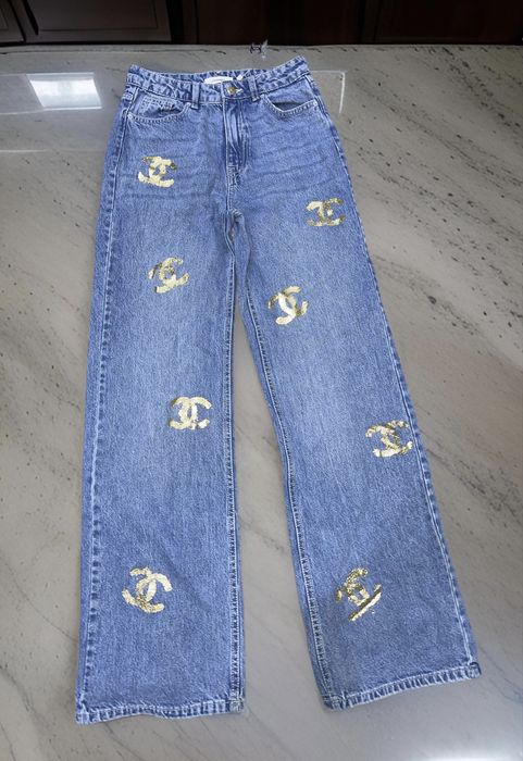 Chanel denim шанел дънки панталони златни висока талия лъскави сини