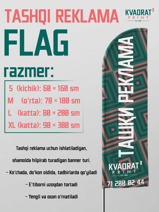 tashqi reklama,bannerlar,shtendir,reklama bayroqlari