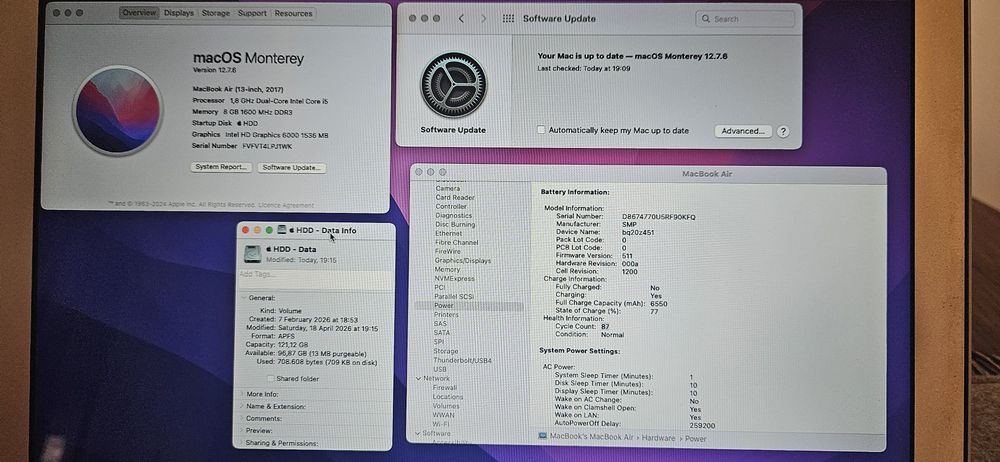 Laptop MacBook Air 13" i5 / 8GB RAM / 128GB SSD / baterie excelentă (87 cicluri) / A1466