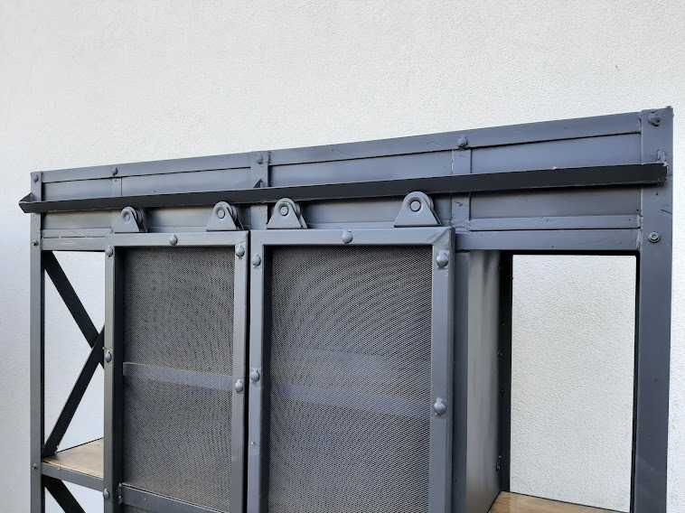 Raft fier stil industrial cu usi glisante plasa, tip vitrina