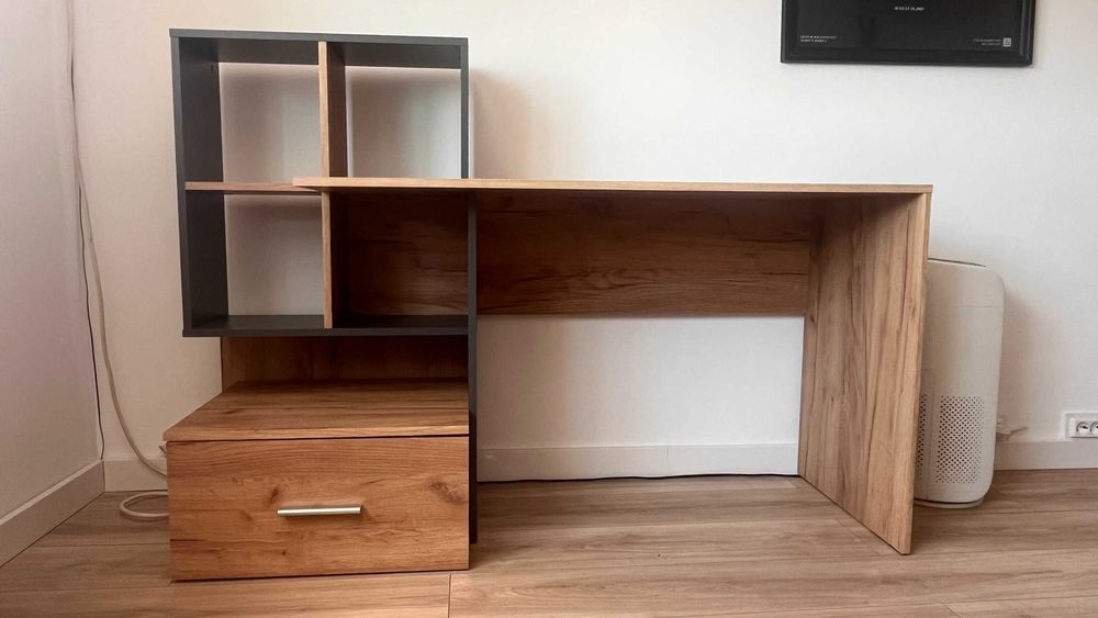 Birou lemn (Stejar + Antracit) L150 cm x A50 cm x H105 cm, pentru PC/laptop cu rafturi si sertar detasabil