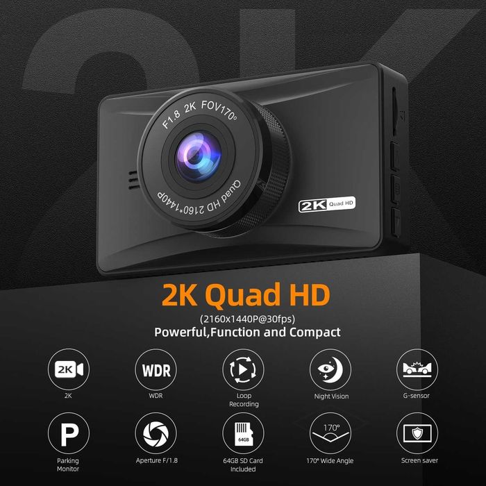 Cameră Auto 2K, + Card 64GB Inclus, 170°, Loop Recording, Senzor G