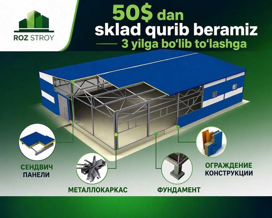 Montaj sendvich panel ferma metallakonstruksiya angar sklad zavod