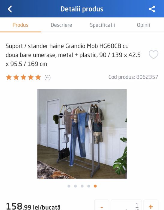 Suport / stander haine cu doua bare umerase, metal + plastic, 90 / 139 x 42.5 x 95.5 / 169 cm