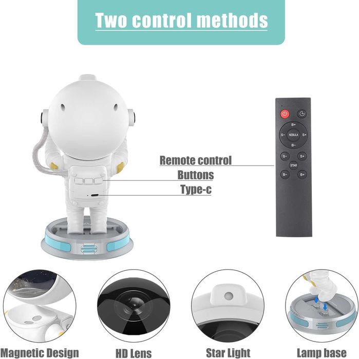Космически проектор астронавт, звездна светлина с цветни мъглявини
