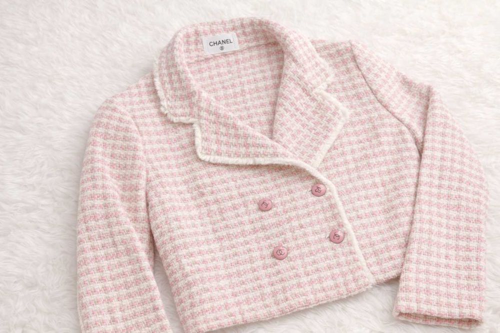 розово сако шанел туид chanel яке късо меланж без забележки