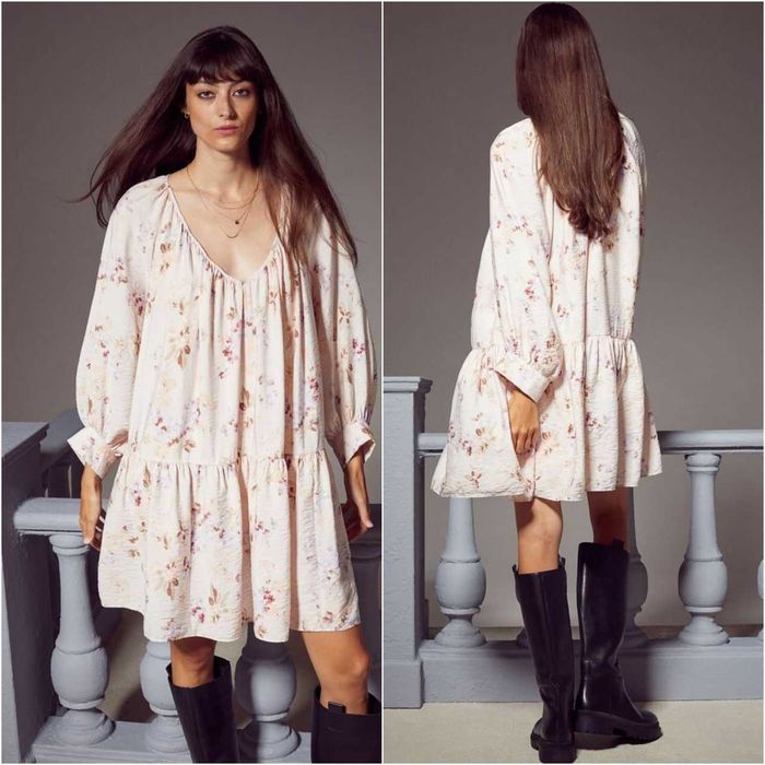 Rochie bej cu maneci bufante si volan noua H&M marime L - XL