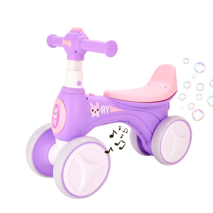Bicicleta ,fara pedale cu 4 roti cu lumini, sunete, Baloane de sapun, 1-3 ani, Mov