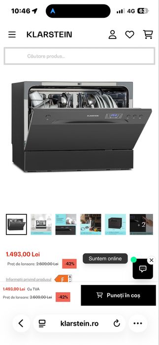 Vând mașină de spălat vase Klarstein, model compact, ideală pentru apartament sau spații mici.