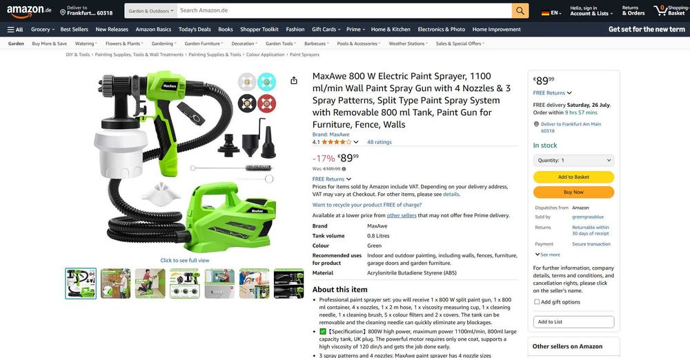 REDUS de la 450RON, Pistol (statie) vopsit (cui si interior metalic) cu baza 800W si 1100 ml/min, 4 duze diferite - ideal si lavabila