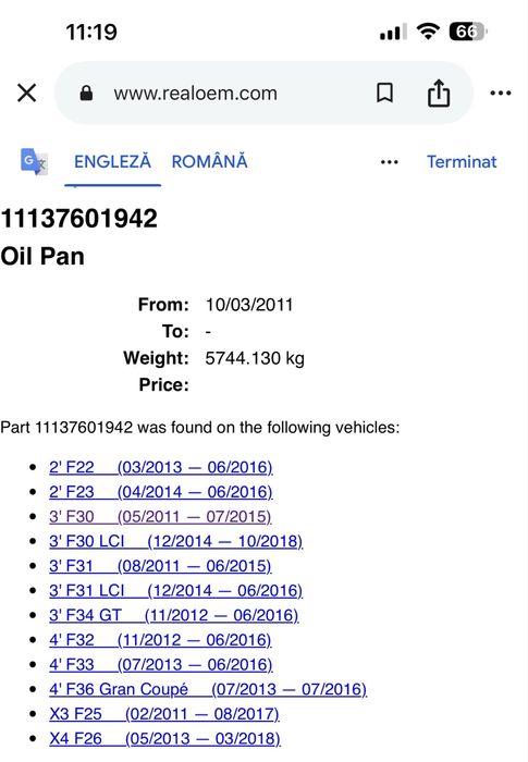 Baie ulei bmw x i f22 f20 f30 f32 f36 f25 f26 n20b20a 7601942