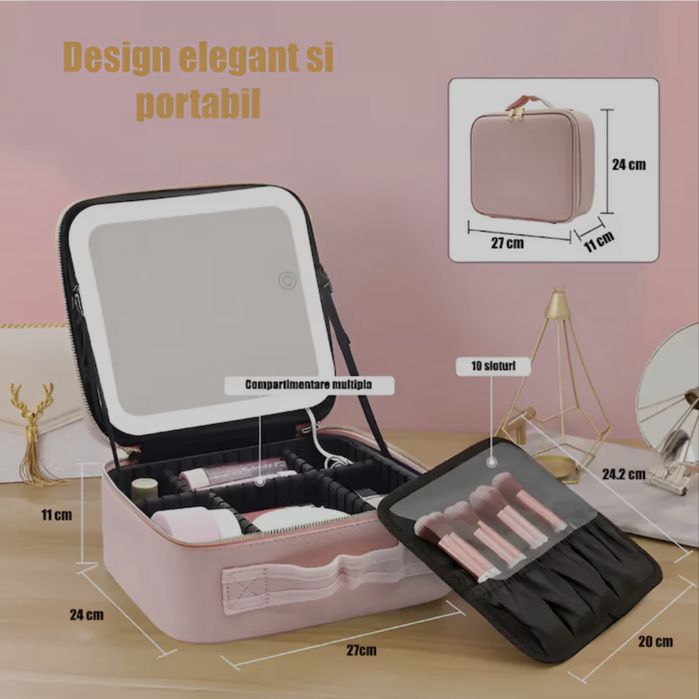 Geanta Machiaj Roz QUANTIM cu Oglinda Led 4K detasabila,Iluminare 3 Trepte, Compartimente Reglabile, Organizator Cosmetice Travel,Buzunar Pensule