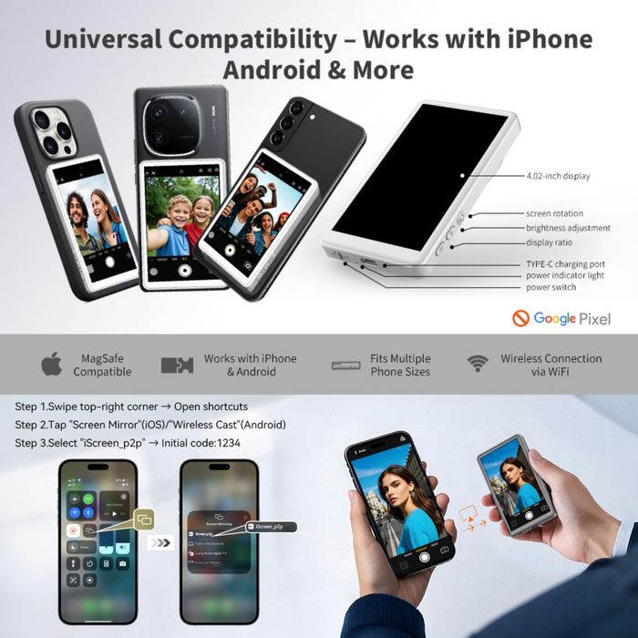 Екран за селфита и за iPhone/Android, магнитен за селфита за телефон,