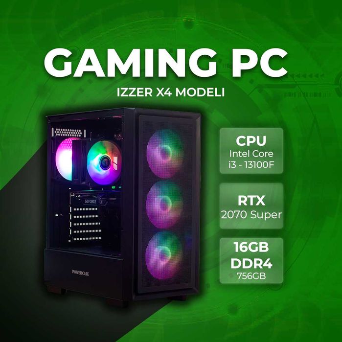 “IZZER X4” modeli | i3-13100F | RTX 2070 Super | 16GB/756GB | DDR4 |