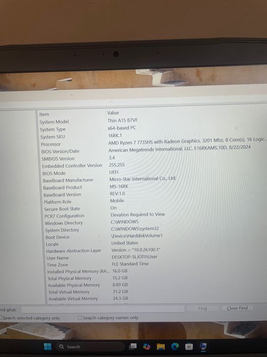Гейминг лаптоп MSI -thin 15 A b7VF 15.6 FHD RYZEN 7 144hz RTX 4060