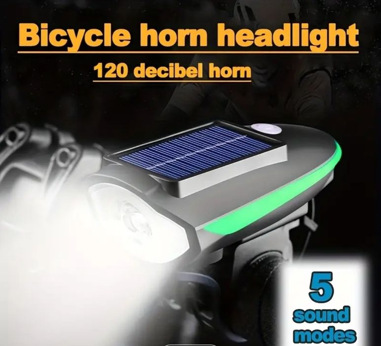 Комплект соларен LED фар с клаксон за велосипед колело  мощна светлина