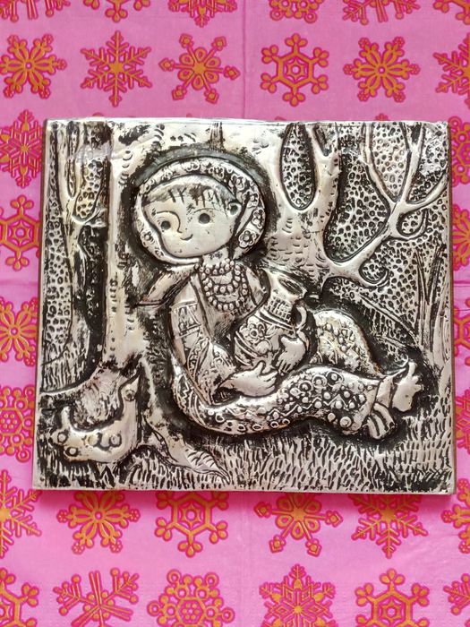 Gravura veche din metal pe lemn