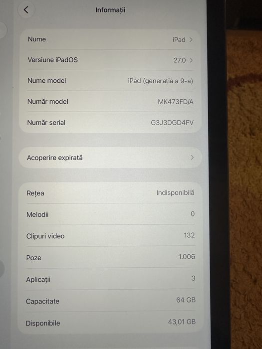 iPad 9 (2021) 10.2 , cellular, 64GB Wi-Fi, bateria 100%, iOS 27-Excelent