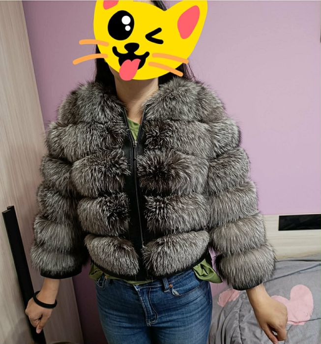 Кожено яке с косъм от сребърна лисица