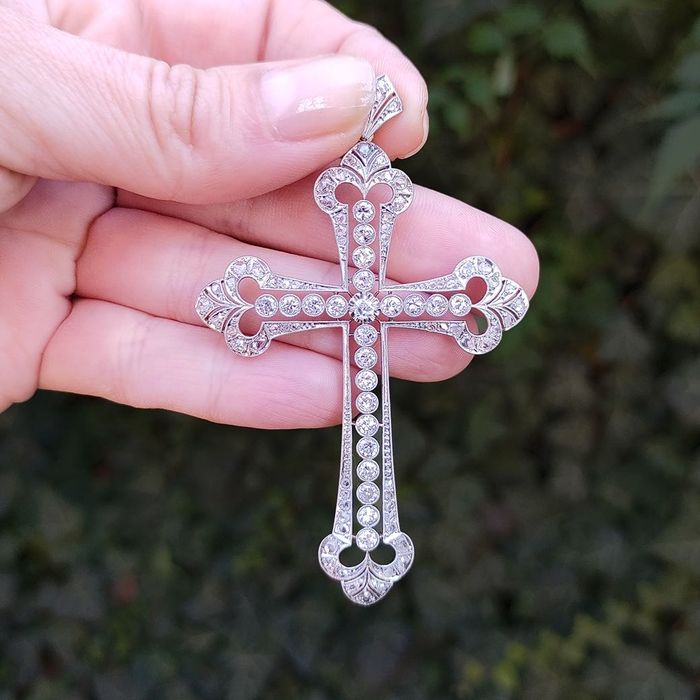 Pandantiv cruce Art Deco, platina, diamante, certif.