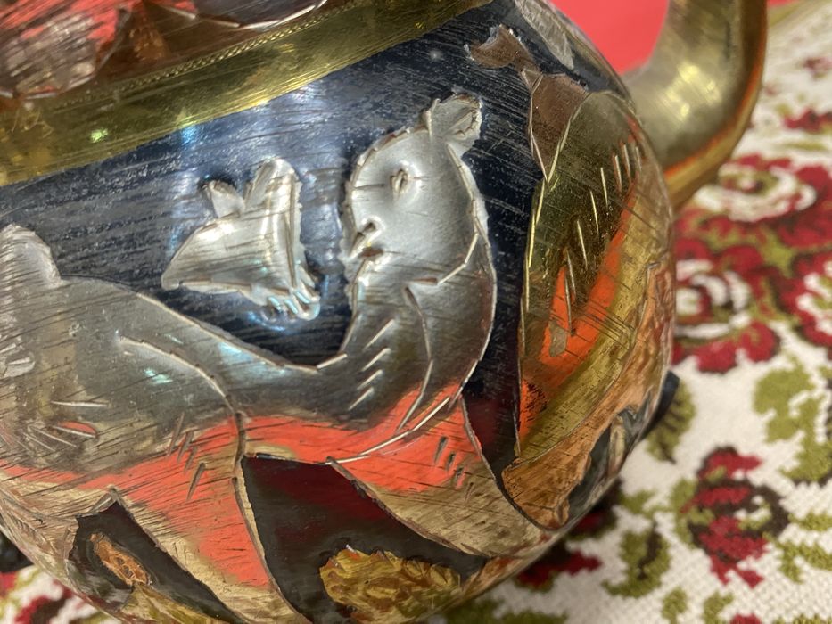 Месингов чайник Близък изток 1950 1970 ръчна украса птици