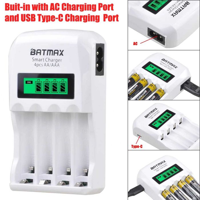 Incarcator Batmax Smart LED Charger + 4 acumulatori AAA 1100mAh