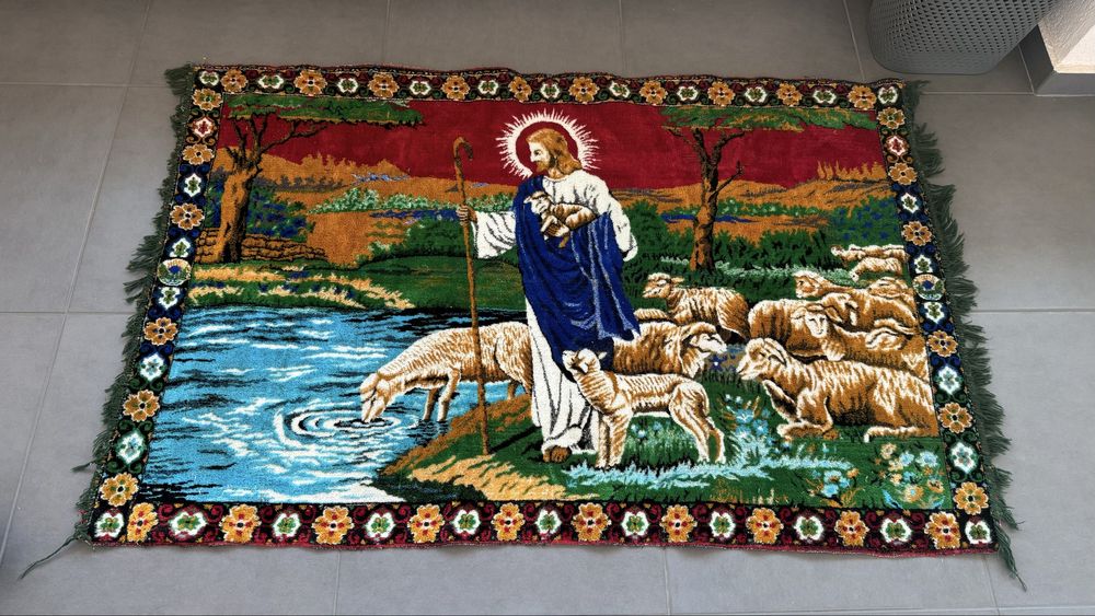 Carpeta / covoras Iisus, foarte vechi, lucrat manual, 114 x 172