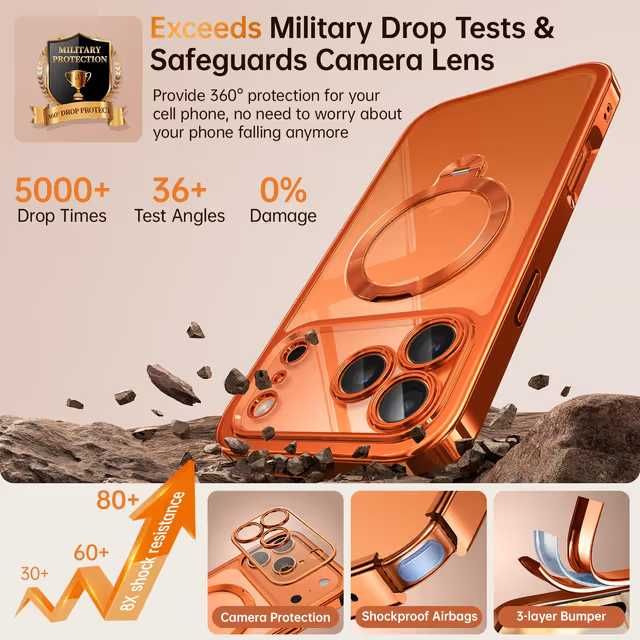 Husă MagSafe cu Stand Rotativ 360° pentru iPhone 16/ 17 Pro Max, Antișoc, Desert Titanium