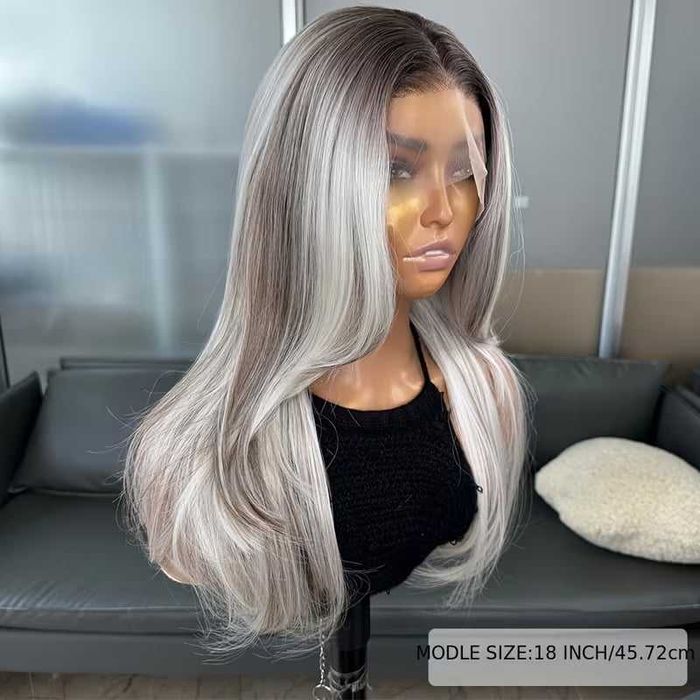 Елегантна сребристо руса перука с тъмни корени - 13×4 Lace Front