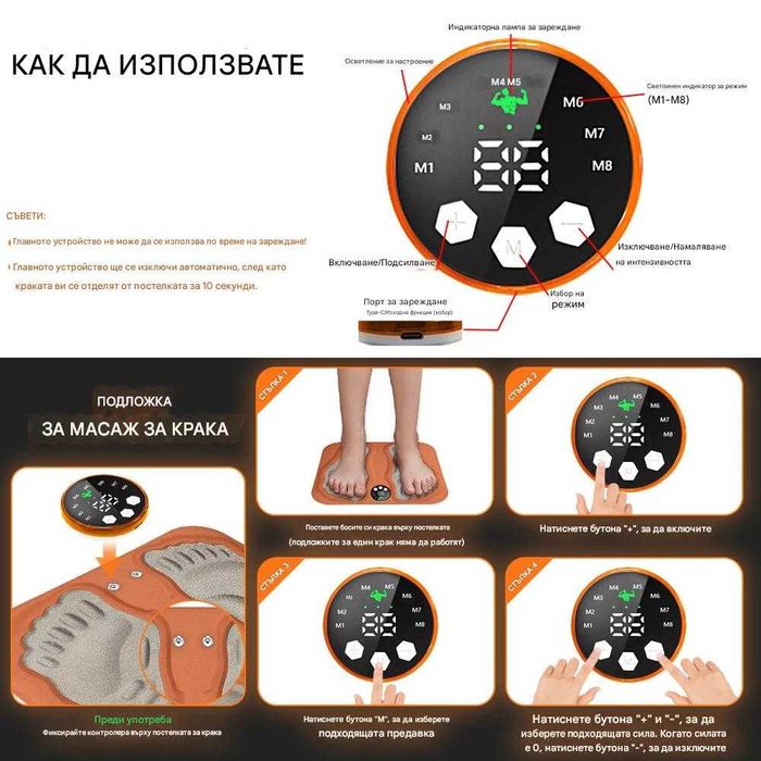 Масажор за крака + Електростиумуатор EMS LCD екран, 8 режима, 29 нива на интензивност, за невропатия, облекчава подуване, крампи