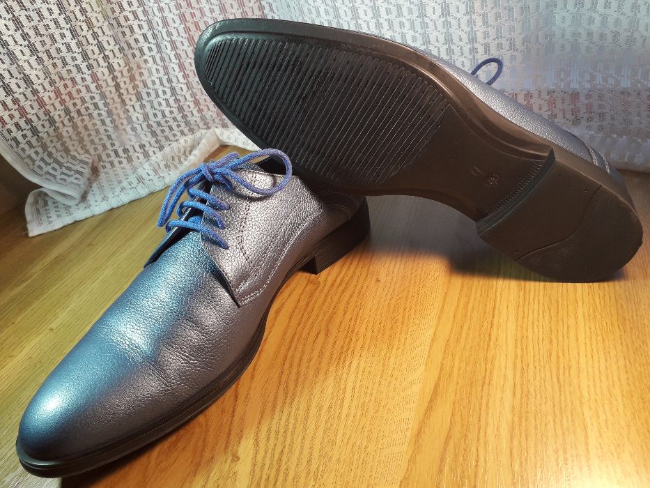 Pantofi piele naturala ALBASTRU METALIZAT Derby Cap Toe