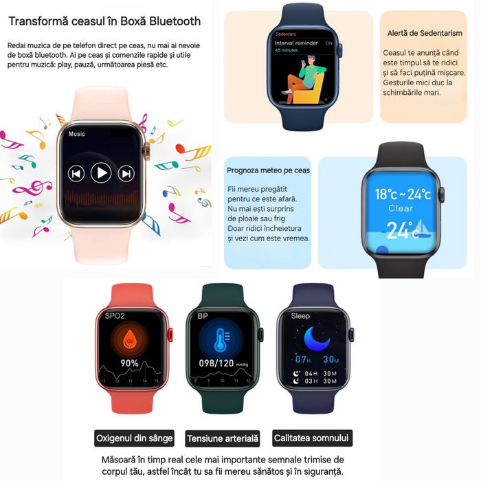 Ceas Smart. Apel vocal/Mesaje/Notificări/Muzică pe ceas. Multe culori.
