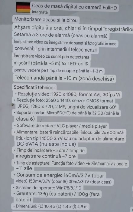 Ceas de birou cu cameră