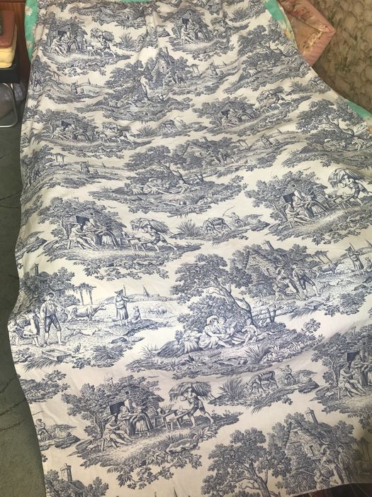 Френско перде Toile de Jouy сцени селски живот бяло синьо 100% памук