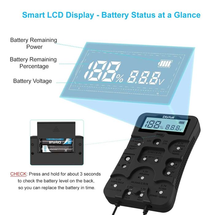 Tester baterii Dlyfull B4,verificator universal cu afișaj LCD Ni-MH, Ni-CD, Li-ion, Alk și LiFe04 (celule AA AAA C D 9V 12V 18650 CR123A 2CR5 CR2032)