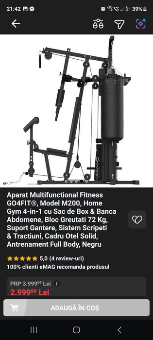 Vand aparat Aparat Multifunctional Fitness GO4FIT®, Model M200, Home Gym 4-in-1 cu Sac de Box & Banca Abdomene, Bloc Greutati 72 Kg, Suport Gantere.