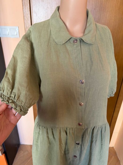 Ленена рокля в маслинено зелен цвят Zara, размер M/L
