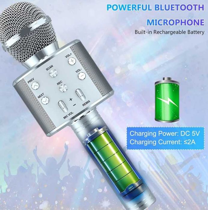 Microfon karaoke WS-858 , Boxa Inclusa, SD Card, USB, AUX, argintiu